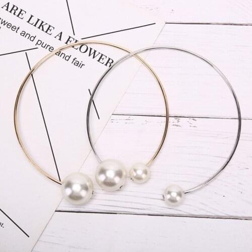 Double Simulated Pearl Adjustable Open Choker Necklace Circle Round Cuff Statement Jewelry