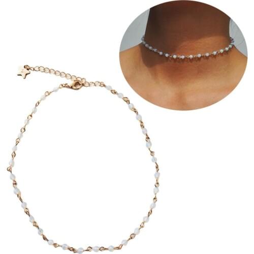 Elegant Women Opal Beads Rhinestone Handmade Chain Necklace Jewelry Birthday Gift Necklace Jewelry