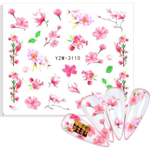 1pcs Pink Flowers Water Transfer Nail Art Sticker Decoration Floral Cherry Nail Decal Wraps Tips Manicure Slider