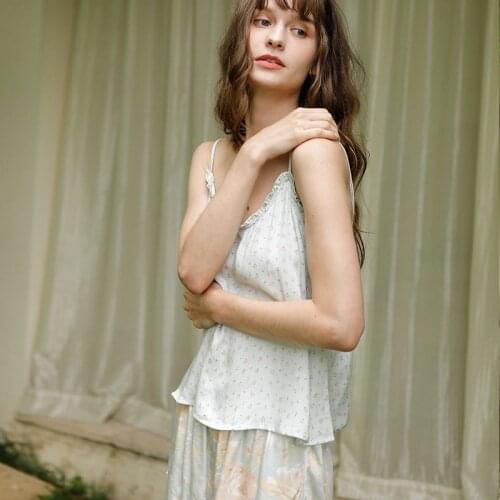 Womens Sexy Small Fresh Small Green Flower Bone Sling Short Sleeve Pajamas Set Womens Summer Shorts Satin Print Pijama Verano