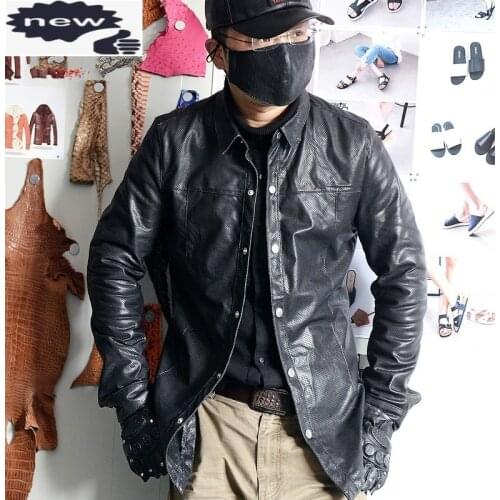 Luxury Men Genuine Shirt Designer Hollow Out Sheepskin Leather Jacket Casual Long Sleeve Single Breasted Shirts Big Size