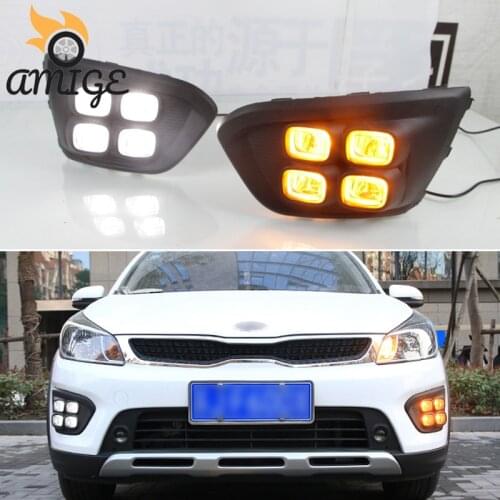 LED DRL Daylights For Kia Rio X-line X line 2017 2018 2019 Yellow Turn Signal Car LED Daytime Running Light Auto Foglamps