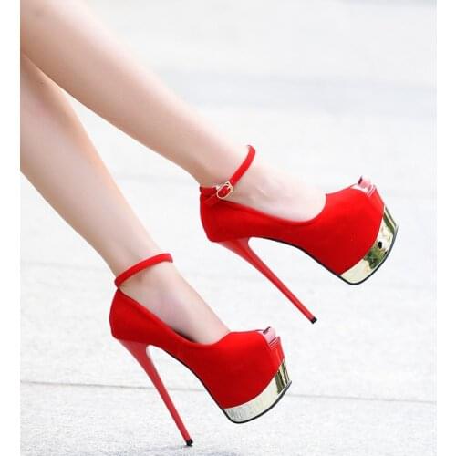 Women Super High Heels Shoes Sexy Thin Platform Fish Mouth Party Pumps Woman Red Bottom Wedding Shoes Buckle 16cm Dress Shoes