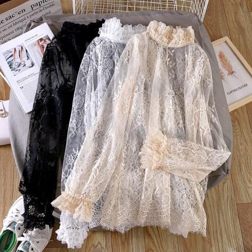 HISUMA Women Summer Flare Sleeve Mesh Gauze Hollow Lace Flower Ruffles Basic Shirt Lady Elastic Slim Pullover Party Blouse Tops