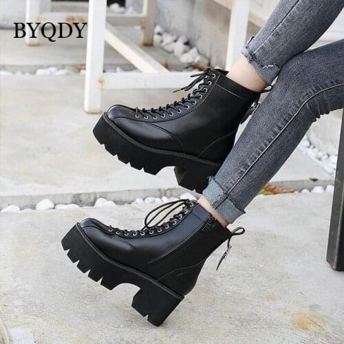 BYQDY Round Head Ankle Boots High Heels Patent Leather Womens Platform Boots Punk Gothic Sexy Model Shoes Comfortable 2021 New
