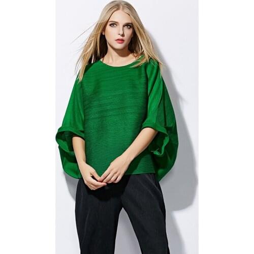 Miyake pleated bat sleeve basic tops 2021 summer plus size womens round neck ruffled loose thin folda solid tees