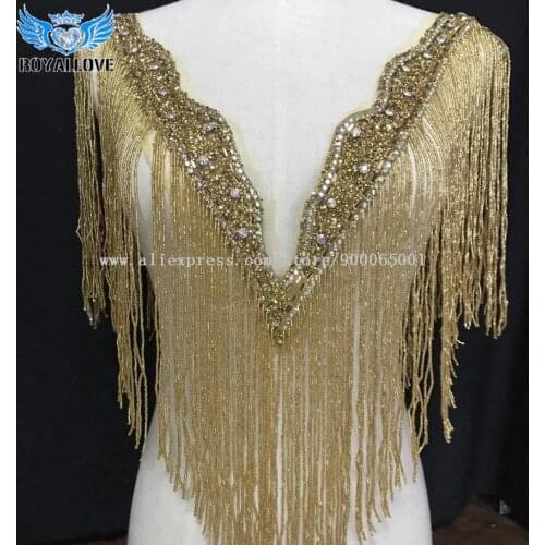 Gold fringe bodice applique trim Deep-V embroidered crystal beaded tassels collar appliques Tassels Waterfall Dangling neckline