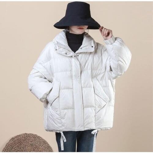 2021 Winter Down Jackets Women Vintage Loose Stand Collar Warm Draw String Casual White Duck Down Coats Female Plus Size Jackets