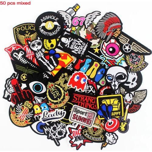 50 Pcs Mixed Cloth Patches Iron on Badges Hippie Embroidered Stickers Stripes Jacket Jeans T-Shirt DIY Applique Wholesale