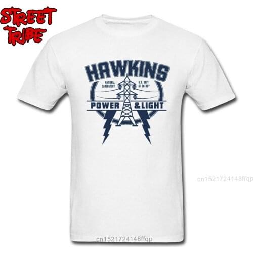 White T-shirt 2019 Men Tshirt Stranger Things T Shirts Hawkins Power & Light Upside Down Eleven Tops & Tees 100% Cotton Fabric