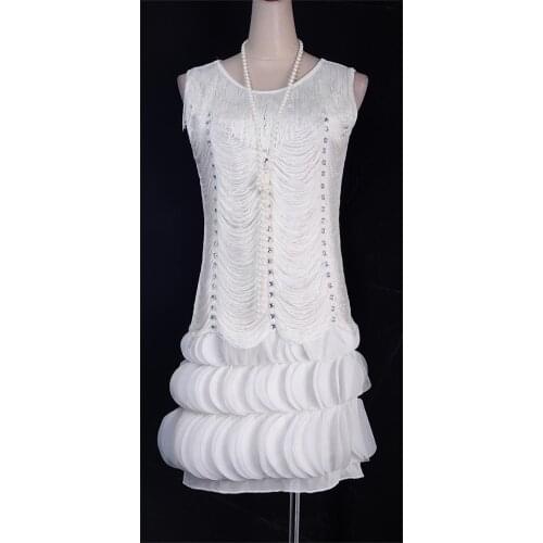 White Vintage 1920s Great Gatsby Dress Tiered Fringed Flapper Charleston Party Fancy Dress Sexy Tassel Latin Dancing Dresses