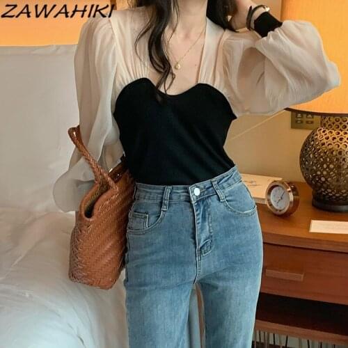 ZAWAHIKI Elegant Fashion Women Blusas Square Collar Puff Sleeve Blouses Patchwork Office Lady Camisas Mujer Korean Thin Tops