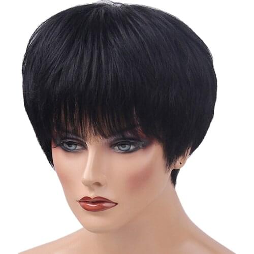 Pixie Styling Human Hair Natural Black Layered Wig Real Human Hair Wigs+Comb