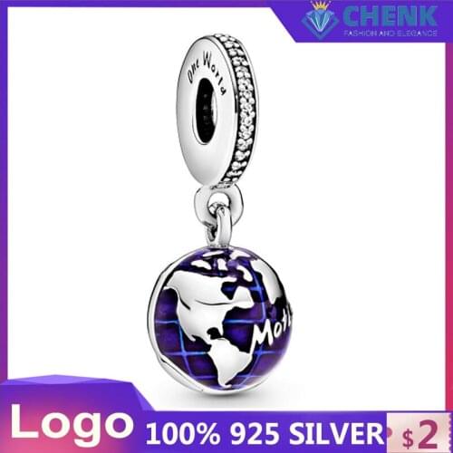 Encanto de plata de ley con forma de tierra, globo de océano azul que se adapta a la pulsera original, cuentas de bricolaje