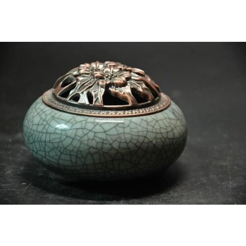 Chinese ceramic crackle porcelain Incense burner bronze Chrysanthemum lid