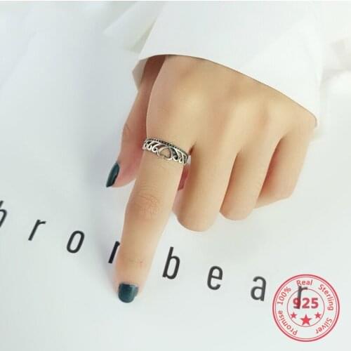 Pure 925 Silver Ring European American Thai Silver New Design Creative Concise Love Heart Crown Open Ring Fine Jewelry