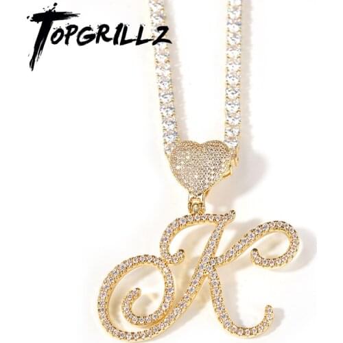 TOPGRILLZ 2021 New A-Z Letters Love Heart Shape Pendant Necklace Hip Hop Micro Pave Cubic Zirconia Pendant For Gift