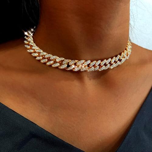 Metal Miami Curb Cuban Chain Choker Necklace 12mm Gold Silver Color Iced Out Paved Crystal Bling Necklaces Women Hip Hop Jewelry