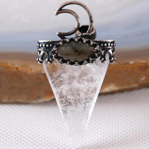 Charm Necklace Pendant Natural Gem White Crystal Labradorite Oval Bead Triangle Antique Crown Half Moon Jewery Gift K694