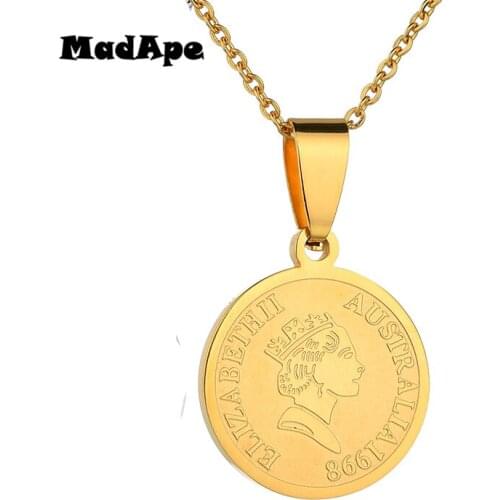MadApe 316L Stainless Steel Round Medals Pendant Necklace For Women Sweater Chain Lettering Elizabeth Gold/Silver Color Choker