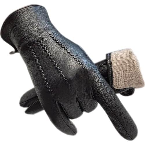 Winter Mens Deerskin Gloves Touch Screen Wrist Fashion Genuine Deerskin Gloves Wool Lining Machine Sewing Warm Driving Riding O