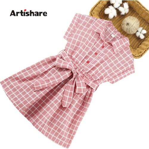 Summer Dress Girl Plaid Pattern Girls Dresses With Bow Kid Dress Teenage Childrens Clothing 6 8 10 12 14