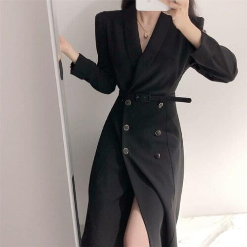 Spring Autumn Womens Trench Coat Lady Korean Chic Windbreaker Female Long Sleeve Double Breasted Solid Belt A-Line Long Dress