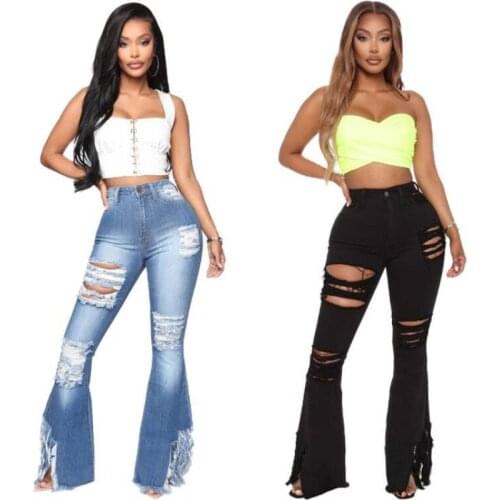 Vintage Ripped Elastic Flared Jeans Denim Lady Grunge Push Up Bell Bottom Jeans Women High Waist Streetwear Plus Size Free Ship