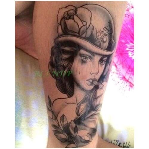 Waterproof Temporary Tattoo Sticker smoking sexy girl with beautiful flower cap tatto stickers flash tatoo fake tattoos for men