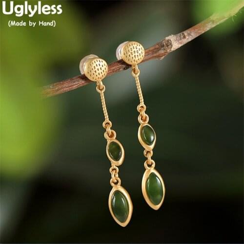 Uglyless Natural Jade Jasper Leaves Earrings for Women Water Drop Gemstones Long Studs Earrings Elegant Dress Jewelry 925 Silver
