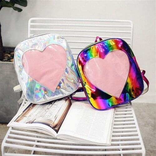 Women Laser Holographic Backpacks For Teenage Girls Lovely Ita Bag Transparent Backpack Harajuku Love Heart Shape Backpacks