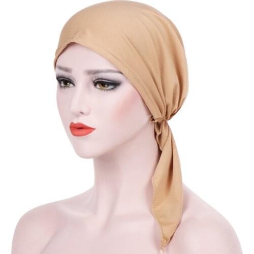 Women Muslim Inner Hijab Ladies Islamic Cross Headband Turban Headwrap Hairband Arc Two Tail Cap Toque Solid Color Pullover Cap