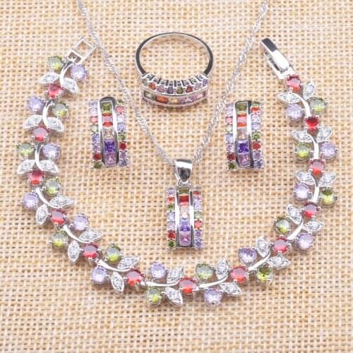 Silver Color Jewelry Sets Womens Natural Multicolor Zirconia Jewellry Necklace Pendant Earrings Rings Bracelet Free Shipping