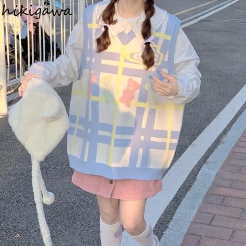 Hikigawa Preppy Style Cute Bear Jacquard Sweater Vest Women Loose Candy Color V-neck Knitted Tank Tops Sweet Simple Waistcoat