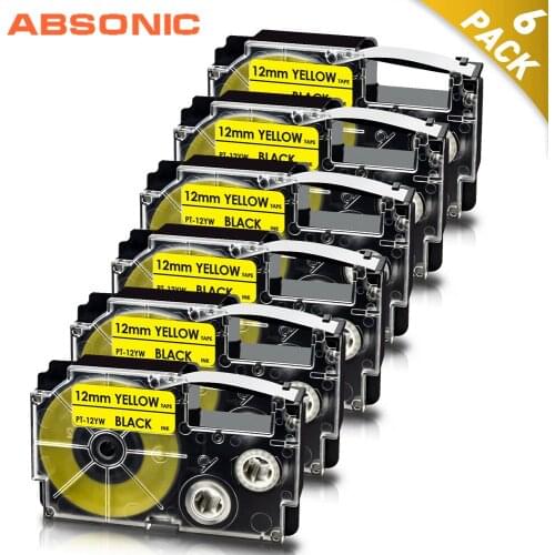 Absonic 6PK 12mm Replace for Casio Black on Yellow Label Tape XR-12YW XR12YW XR 12YW for Casio KL-820 KL-60 KL-120 Label Maker