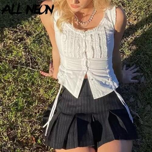 ALLNeon Kawaii Vintage Y2K Ruffles Trim White Crop Tops Cute E-girl Fashion Buttons Drawstring Sleeveless Tank Top Square Collar