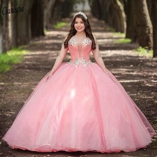 Pink Crystal Beading Sleeveless Ball Gown Quinceanera Dress Off The Shoulder Deep V-Neck Sweet 15 Prom Party Dresses