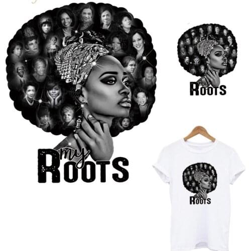 My Roots Black Lady Thermo Heat Transfer Stickers DIY A-Level Washable Iron On Patches For Clothes Women T-Shirt Patch Accessory