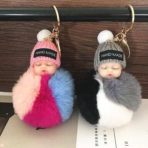 Baby Doll Toy DropshipCute Sleeping Baby Doll Key Chains For Women Bag Toy Key Ring Fluffy Pom pom Faux Fur Plush Keychains