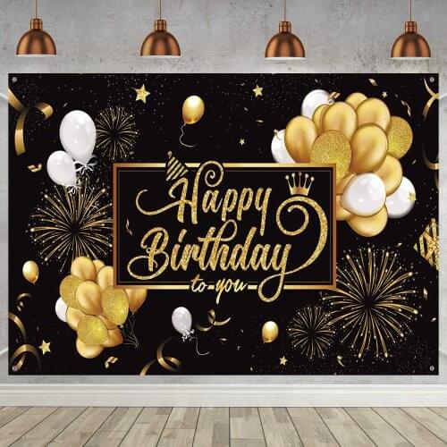 Happy Birthday Party Backdrop Black and Gold Glitter Balloons Background Sparkle Shining Dots Abstract Decoration Photo Booth