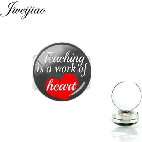 JWEIJIAO Snap Button Ring Adjustable Size Glass Teaching is a work of Heart Image Cabochon Rings DIY Teachers Gift CT680