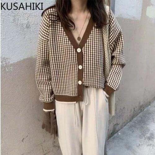 KUSAHIKI Short Plaid Knitted Cardigan Causal Long Sleeve V-neck Sweater Coat 2021 Autumn New Fashion Woman Knitwear Jacket 6L328