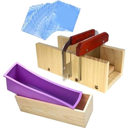 Soap Loaf Making Cutting Molds Kit Silicone Mold + Wood Box + Wooden Cutter Mold + Straight Wavy Stainless Steel Cutters Slicer