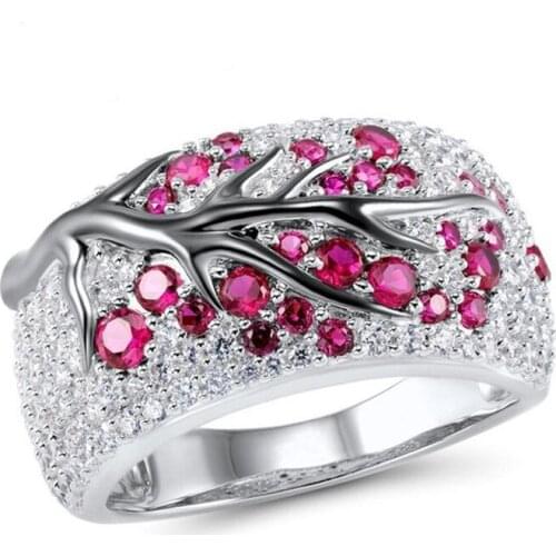 Fashion Shiny CZ Crystal Plum Blossom Tree Branch Ring Exquisite Women Colour Zircon Silver Color Ring for Women Wedding Jewelry
