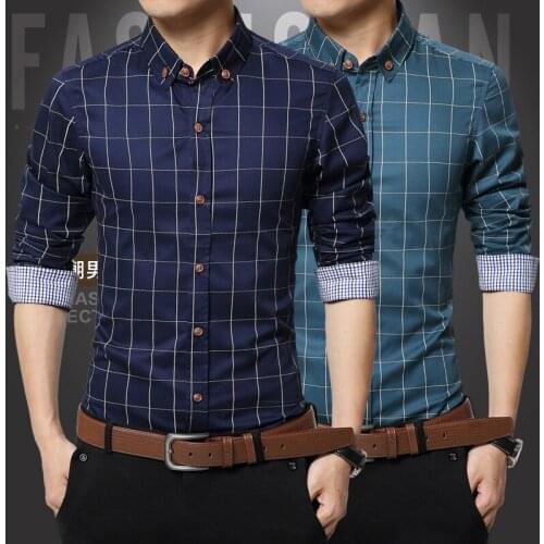 New Mens Fashion Spring&Autumn Cotton Plaid Slim Shirts Long Sleeve Casual Black White Social Men Shirt Size M-5XL