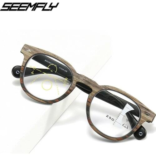 Seemfly Progressive Multifocal Reading Glasses Men Women Round Wood Grain Presbyopic Eyeglasses Near Far Sight Diopter Eyewear