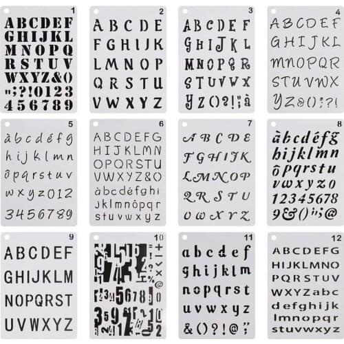 12 Pcs Letters Number Alphabet Stencils Template Plastic Planner For Notebook Diary Scrapbook Craft Project DIY Drawing Painting