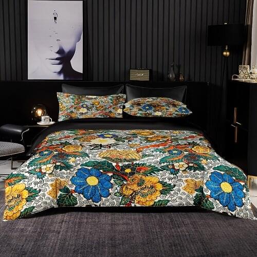Blooming Plant Flowers Pattern Duvet Cover Set With Pillowcase,EU 240 x220 Quilt Cover,173×218 Blanket Cover,king Bedding Set