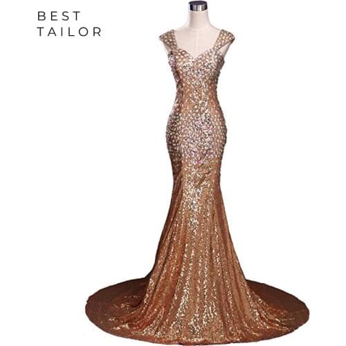 Stunning Gold Sequins Evening Dresses 2021 Colorful Stones Formal Mermaid Cap Sleeves vestidos de fiesta de noche robe de soiree