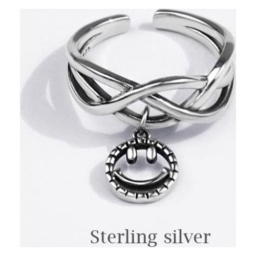 Season Gate 925 Sterling Silver Personality Creative Smile Face Wave Weaving Adjustable Size Open Ring SR115